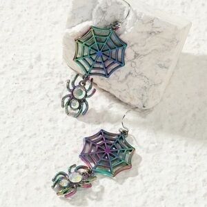 NWT Iridescent Rainbow Bug Spider Spiderweb Rhinestone Dangle Drop Earrings